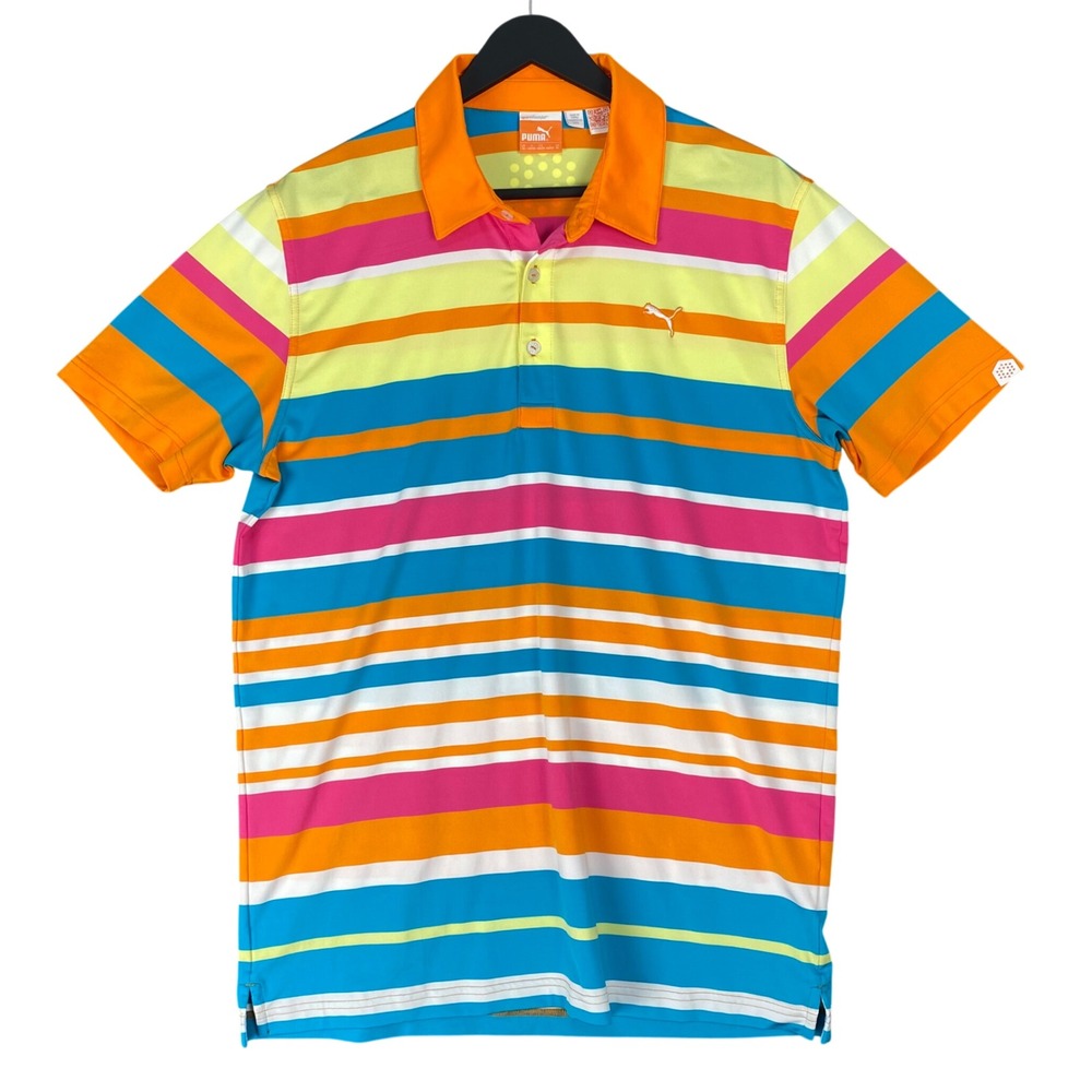 PUMA Golf CELL Polo Shirt Roadmap Striped Mens M Orange 565488 Sport Stretch New